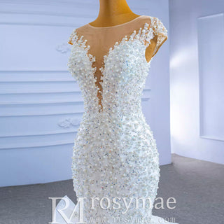 Luxury Pearl Mermaid Ruffle Wedding Dress with Cap Sleeve - Rosymae