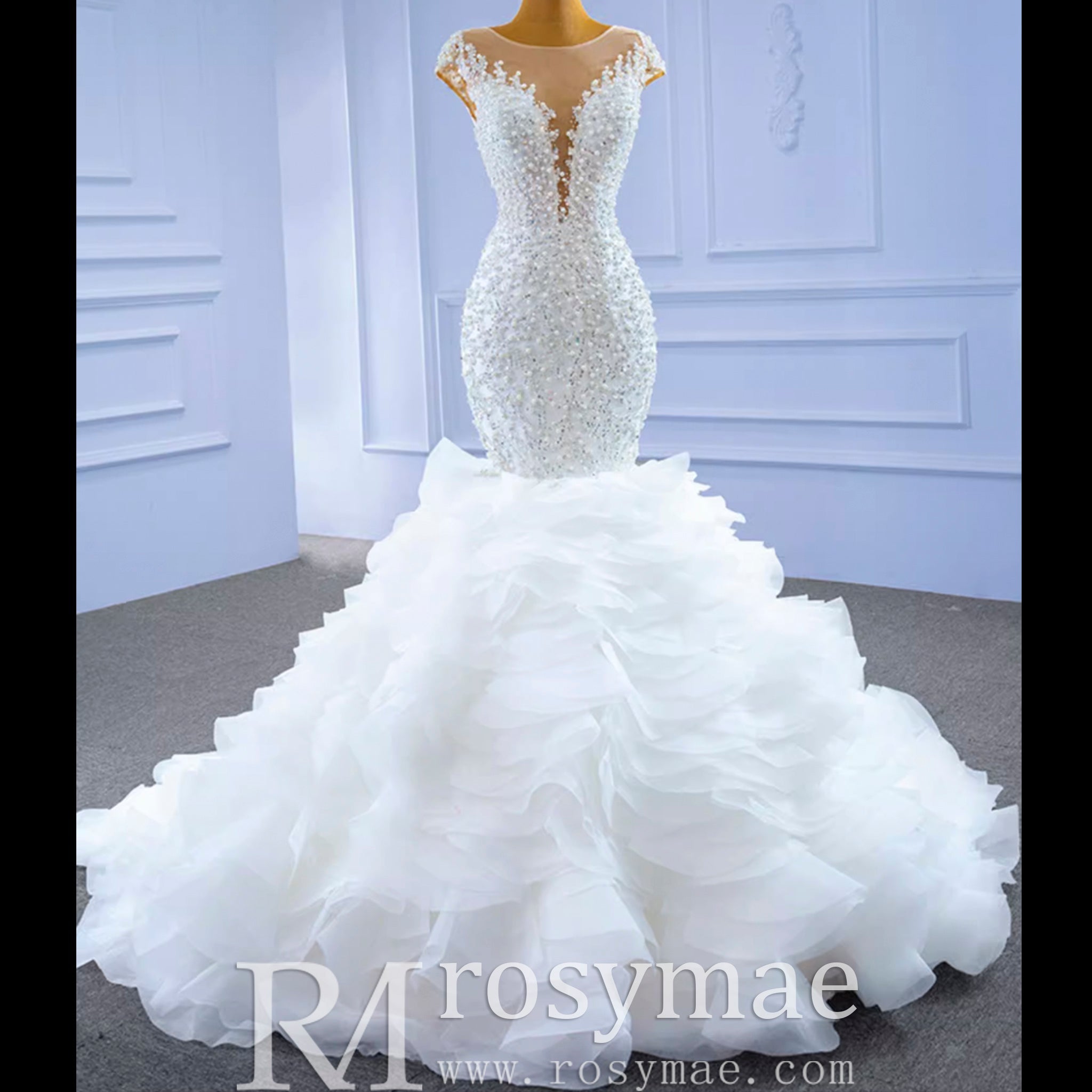 Luxury Pearl Mermaid Ruffle Wedding Dress with Cap Sleeve - Rosymae