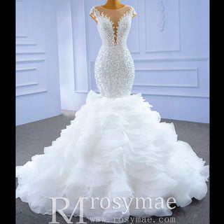 Luxury Pearl Mermaid Ruffle Wedding Dress with Cap Sleeve - Rosymae