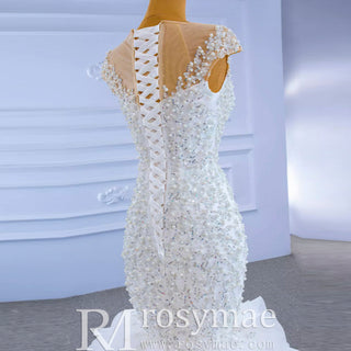 Luxury Pearl Mermaid Ruffle Wedding Dress with Cap Sleeve - Rosymae