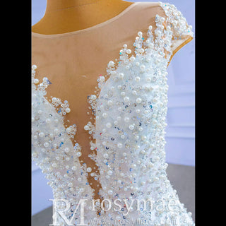 Luxury Pearl Mermaid Ruffle Wedding Dress with Cap Sleeve - Rosymae