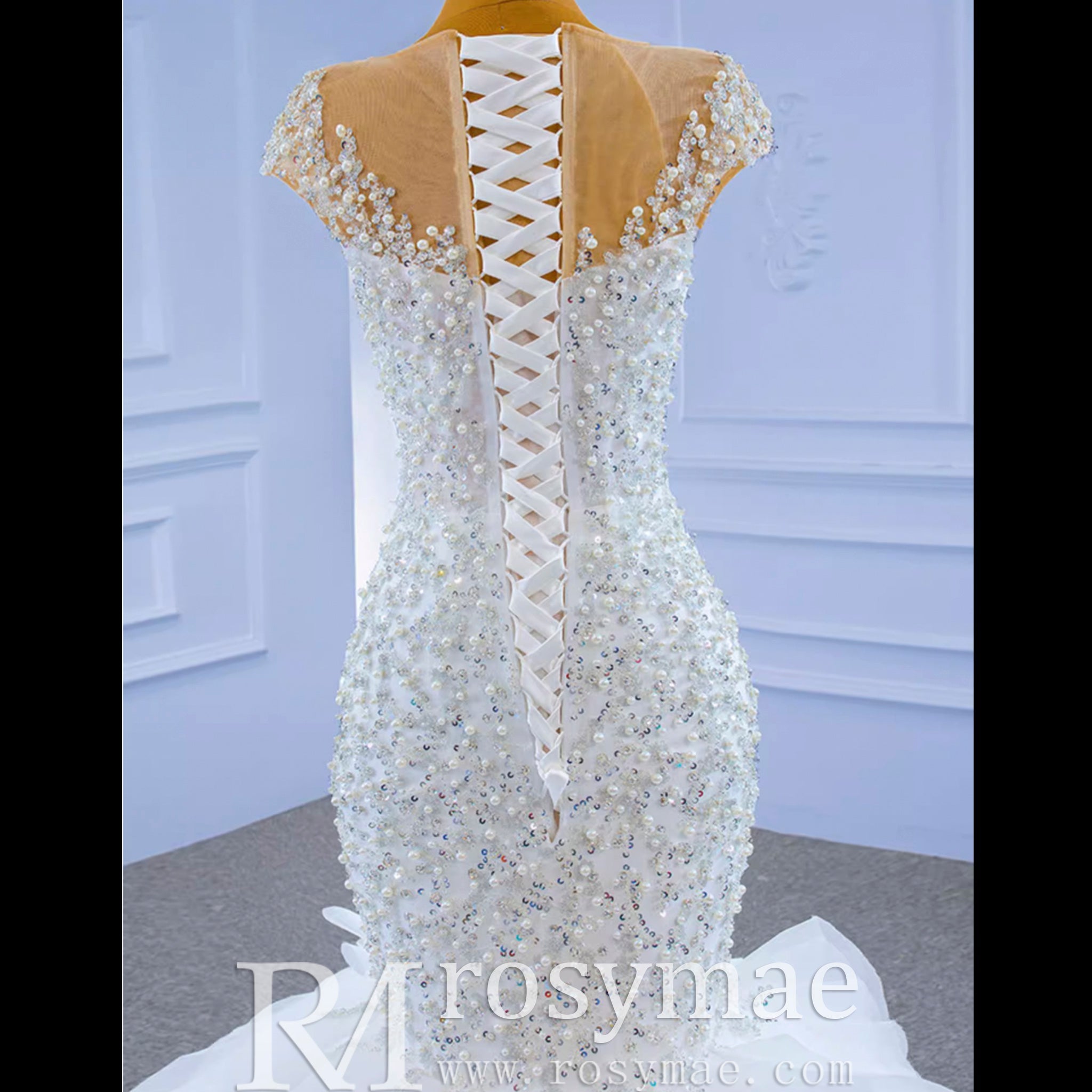 Luxury Pearl Mermaid Ruffle Wedding Dress with Cap Sleeve - Rosymae