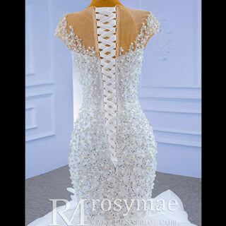 Luxury Pearl Mermaid Ruffle Wedding Dress with Cap Sleeve - Rosymae