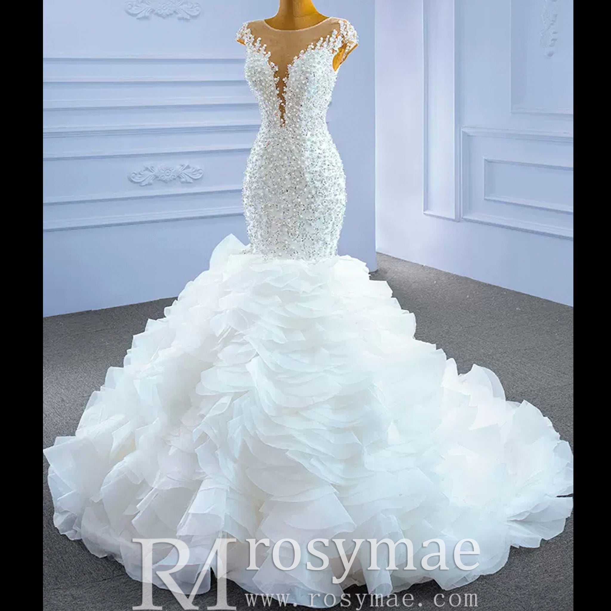 Luxury Pearl Mermaid Ruffle Wedding Dress with Cap Sleeve - Rosymae