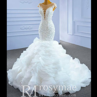 Luxury Pearl Mermaid Ruffle Wedding Dress with Cap Sleeve - Rosymae