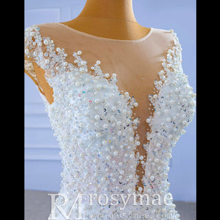 Luxury Pearl Mermaid Ruffle Wedding Dress with Cap Sleeve - Rosymae