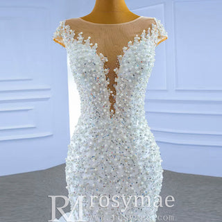 Luxury Pearl Mermaid Ruffle Wedding Dress with Cap Sleeve - Rosymae