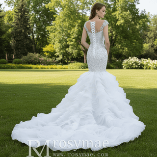 Luxury Pearl Mermaid Ruffle Wedding Dress with Cap Sleeve - Rosymae