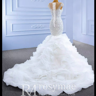 Luxury Pearl Mermaid Ruffle Wedding Dress with Cap Sleeve - Rosymae