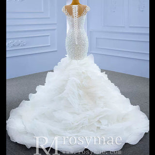 Luxury Pearl Mermaid Ruffle Wedding Dress with Cap Sleeve - Rosymae