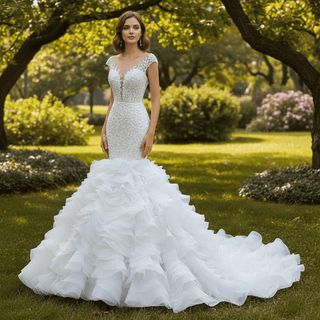 Luxury Pearl Mermaid Ruffle Wedding Dress with Cap Sleeve - Rosymae