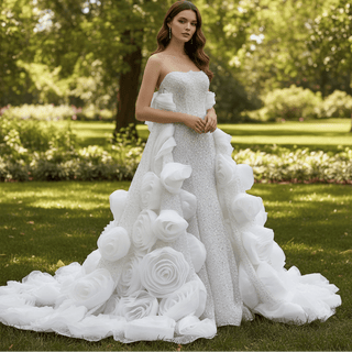 Luxury Pearl & Sequin Mermaid Wedding Dress with Detachable 3D Floral Overskirt Train