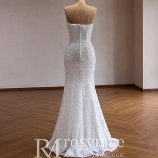 Luxury Pearl & Sequin Mermaid Wedding Dress with Detachable 3D Floral Overskirt Train