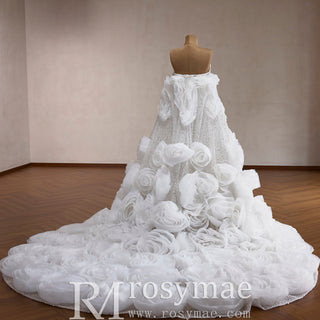 Luxury Pearl & Sequin Mermaid Wedding Dress with Detachable 3D Floral Overskirt Train