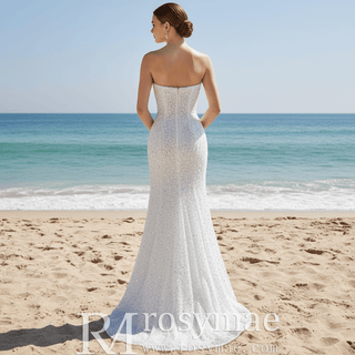 Luxury Pearl & Sequin Mermaid Wedding Dress with Detachable 3D Floral Overskirt Train