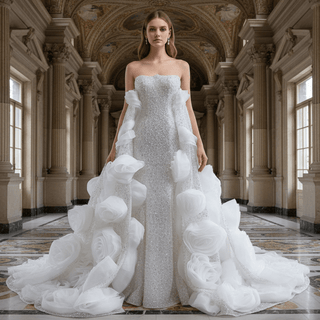 Luxury Pearl & Sequin Mermaid Wedding Dress with Detachable 3D Floral Overskirt Train