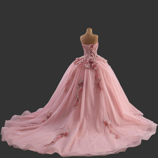 Luxury Pink Quinceanera Dress with High-Volume Tiered Tulle Skirt & 3D Floral Embellishments - Rosymae