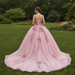 Luxury Pink Quinceanera Dress with High-Volume Tiered Tulle Skirt & 3D Floral Embellishments - Rosymae