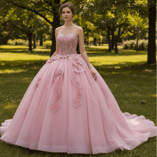 Luxury Pink Quinceanera Dress with High-Volume Tiered Tulle Skirt & 3D Floral Embellishments - Rosymae