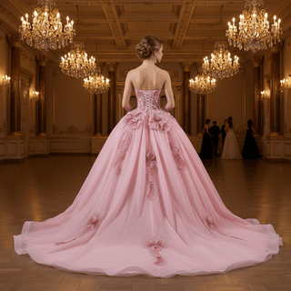 Luxury Pink Quinceanera Dress with High-Volume Tiered Tulle Skirt & 3D Floral Embellishments - Rosymae