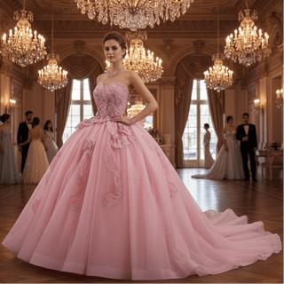 Luxury Pink Quinceanera Dress with High-Volume Tiered Tulle Skirt & 3D Floral Embellishments - Rosymae