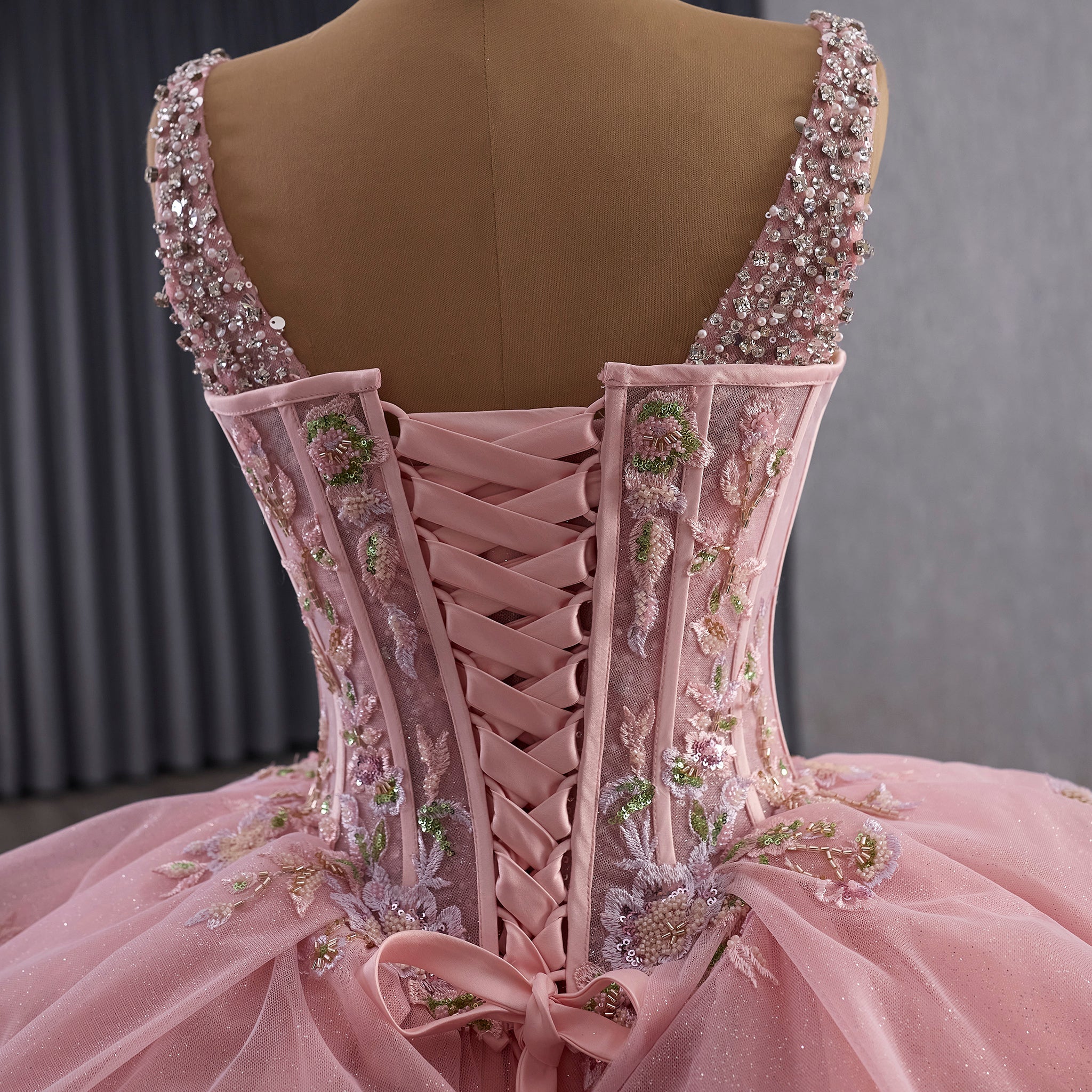 Luxury Pink Tiered Quinceañera Dress with Pearls & Sequins Cascading Floral Embroidery - Rosymae