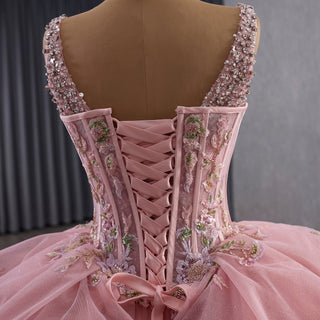 Luxury Pink Tiered Quinceañera Dress with Pearls & Sequins Cascading Floral Embroidery - Rosymae