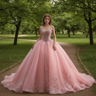 Luxury Pink Tiered Quinceañera Dress with Pearls & Sequins Cascading Floral Embroidery - Rosymae