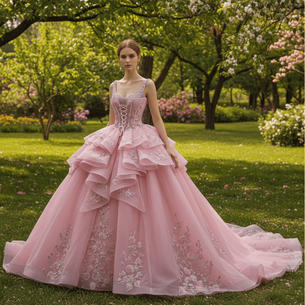 Luxury Pink Tiered Quinceañera Dress with Pearls & Sequins Cascading Floral Embroidery - Rosymae