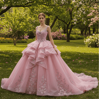 Luxury Pink Tiered Quinceañera Dress with Pearls & Sequins Cascading Floral Embroidery - Rosymae