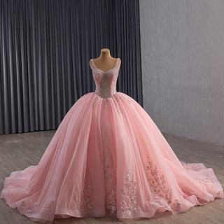 Luxury Pink Tiered Quinceañera Dress with Pearls & Sequins Cascading Floral Embroidery - Rosymae
