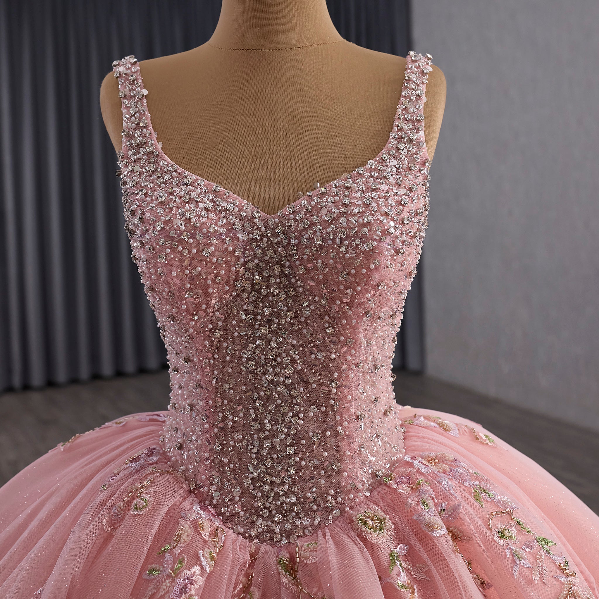 Luxury Pink Tiered Quinceañera Dress with Pearls & Sequins Cascading Floral Embroidery - Rosymae