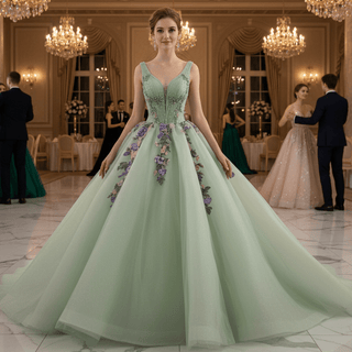 Luxury Plunging Light Green Quinceanera Dresse with Width Straps - Rosymae