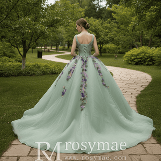 Luxury Plunging Light Green Quinceanera Dresse with Width Straps - Rosymae