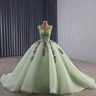 Luxury Plunging Light Green Quinceanera Dresse with Width Straps - Rosymae