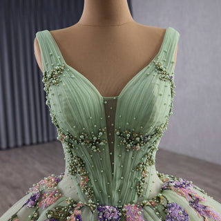 Luxury Plunging Light Green Quinceanera Dresse with Width Straps - Rosymae