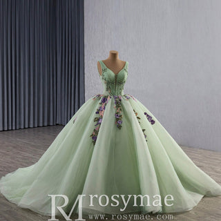 Luxury Plunging Light Green Quinceanera Dresse with Width Straps - Rosymae