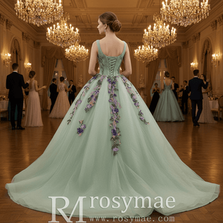 Luxury Plunging Light Green Quinceanera Dresse with Width Straps - Rosymae