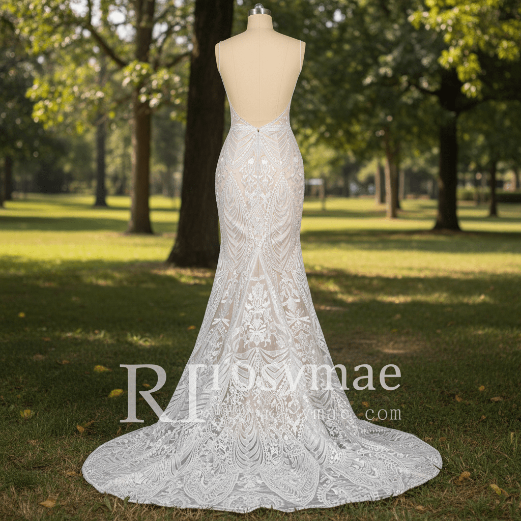 Luxury Plunging Neck Tank Straps Lace Mermaid Wedding Dress - Rosymae