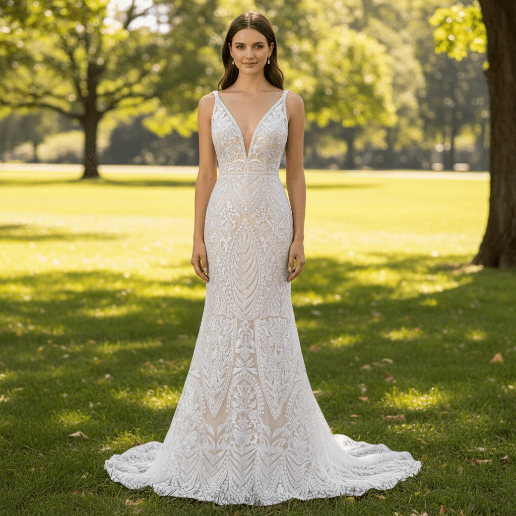 Luxury Plunging Neck Tank Straps Lace Mermaid Wedding Dress - Rosymae