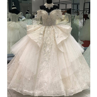 Luxury Princess Ruffle Ball Gown Glitter Wedding Dress with Short Sleeve - Rosymae