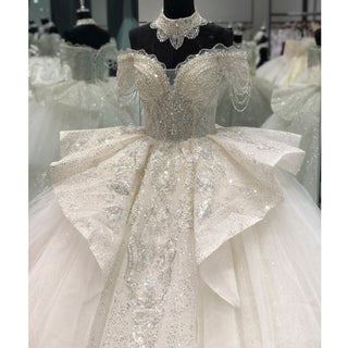 Luxury Princess Ruffle Ball Gown Glitter Wedding Dress with Short Sleeve - Rosymae