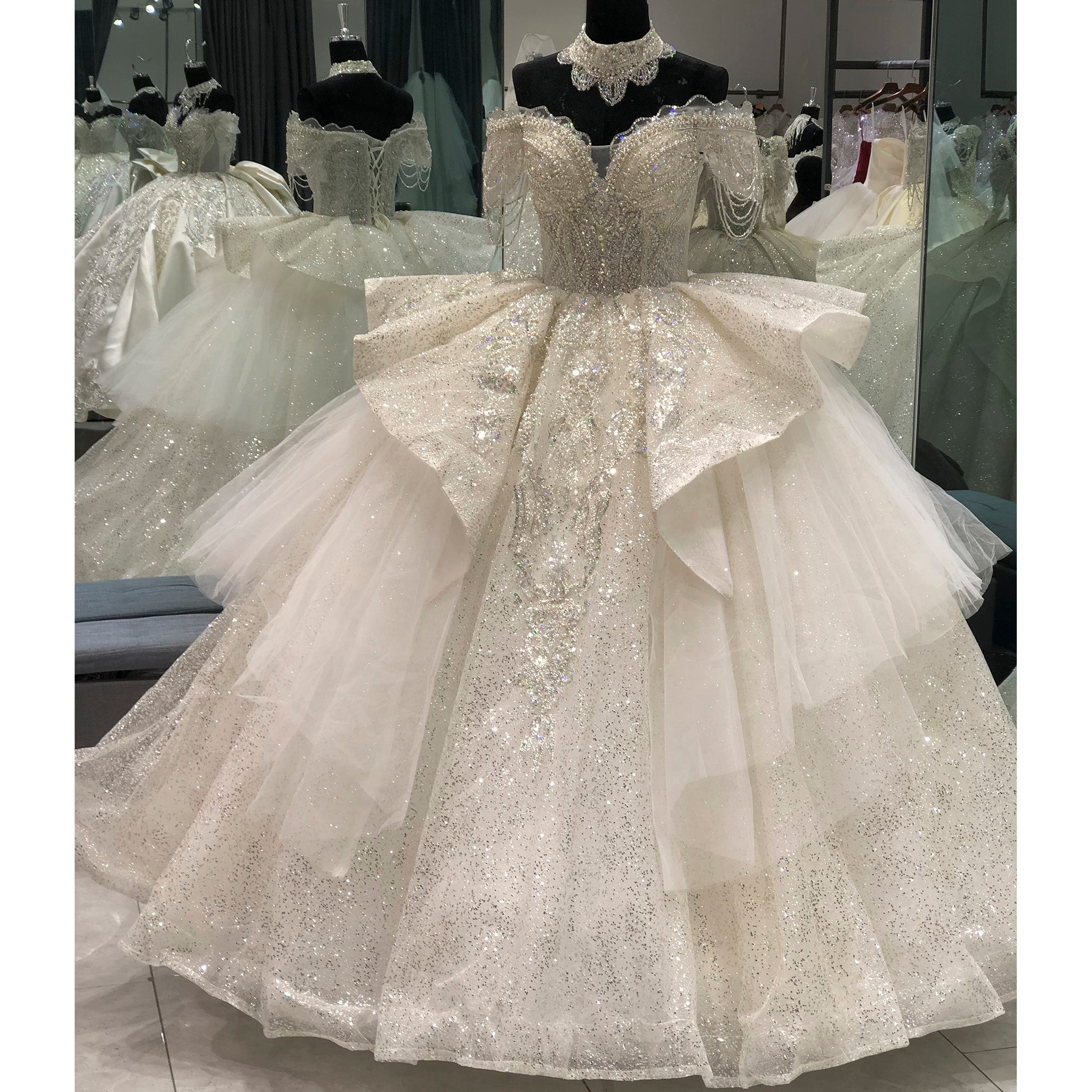 Luxury Princess Ruffle Ball Gown Glitter Wedding Dress with Short Sleeve - Rosymae