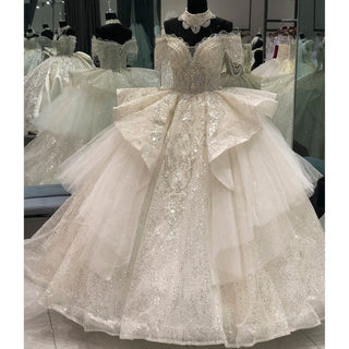 Luxury Princess Ruffle Ball Gown Glitter Wedding Dress with Short Sleeve - Rosymae
