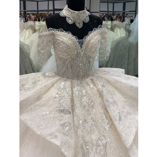 Luxury Princess Ruffle Ball Gown Glitter Wedding Dress with Short Sleeve - Rosymae