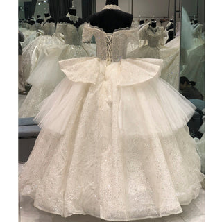 Luxury Princess Ruffle Ball Gown Glitter Wedding Dress with Short Sleeve - Rosymae