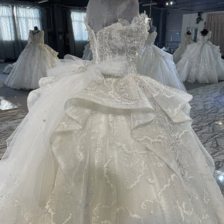 Luxury Puffy Ruffle Skirt Ball Gown Sparkly Wedding Dress - Rosymae