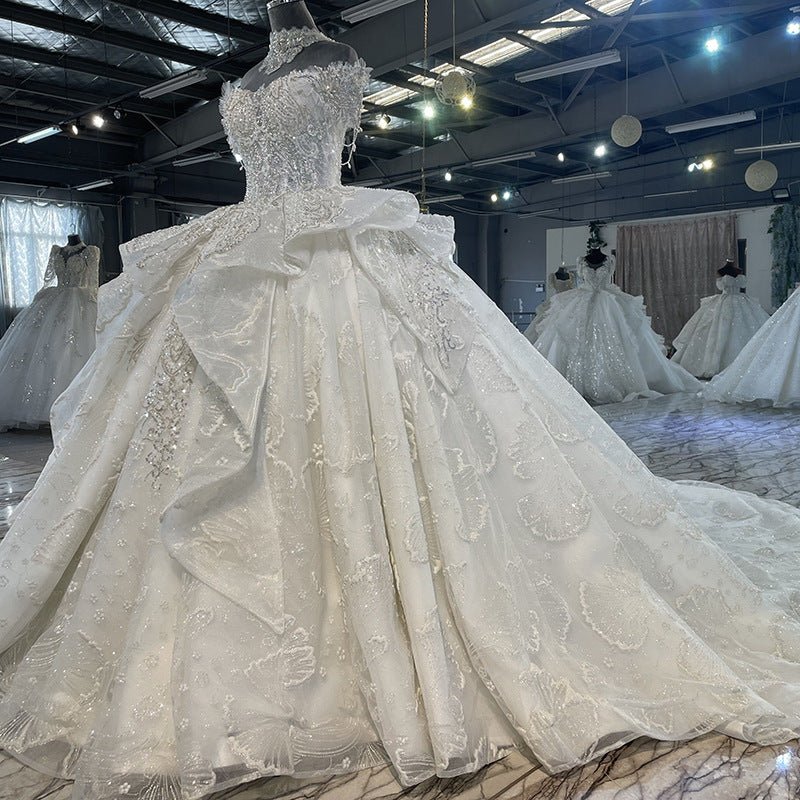 Luxury Puffy Ruffle Skirt Ball Gown Sparkly Wedding Dress - Rosymae