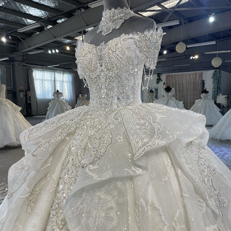 Luxury Puffy Ruffle Skirt Ball Gown Sparkly Wedding Dress - Rosymae