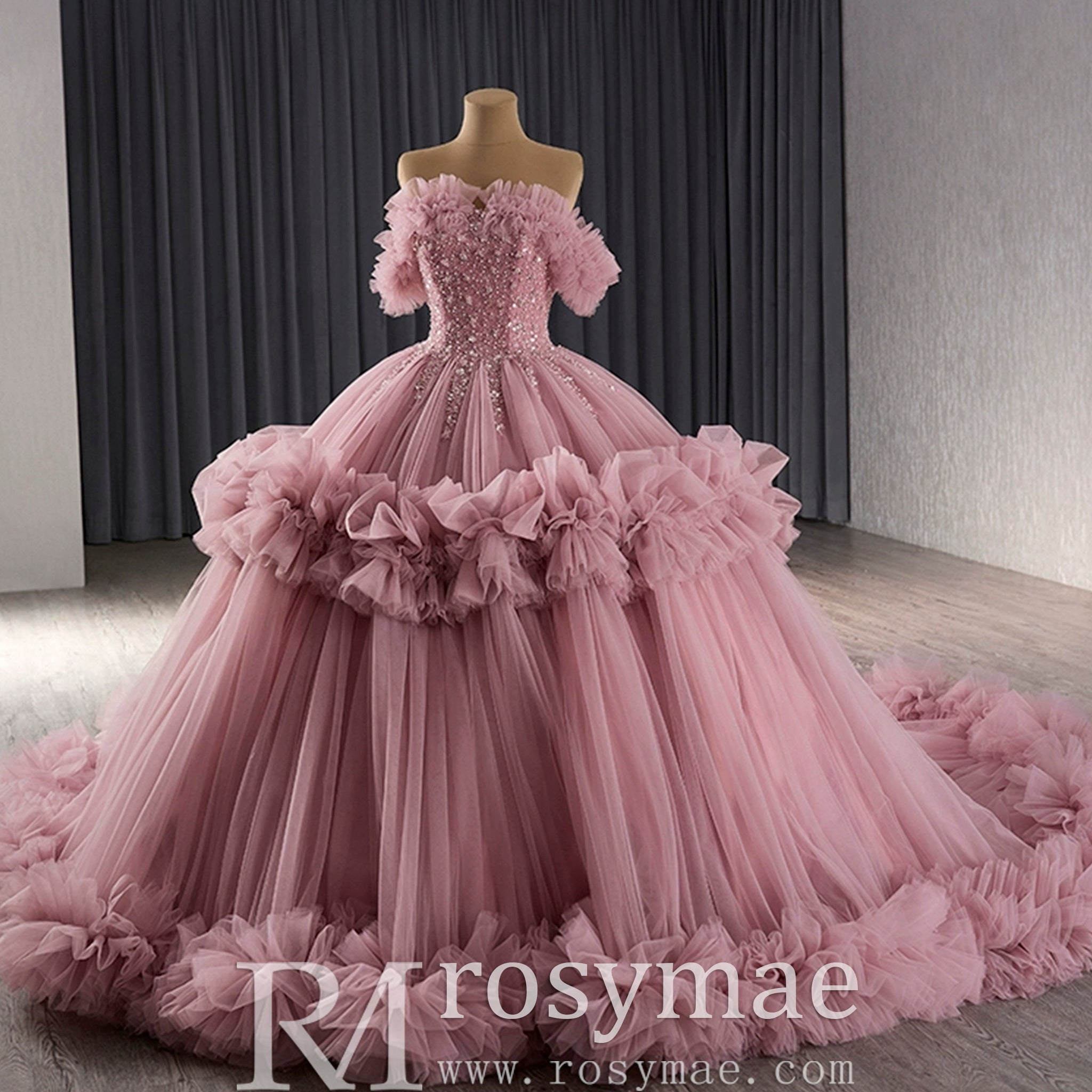 luxury Quinceanera Dress Beaded Ball Gown with Off the Shoulder - Rosymae